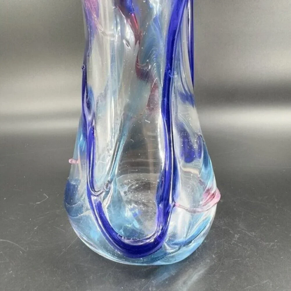 1997 Hand Blown Studio Art Glass Vase‎ Artist Signed JENN Multicolor Threads VTG